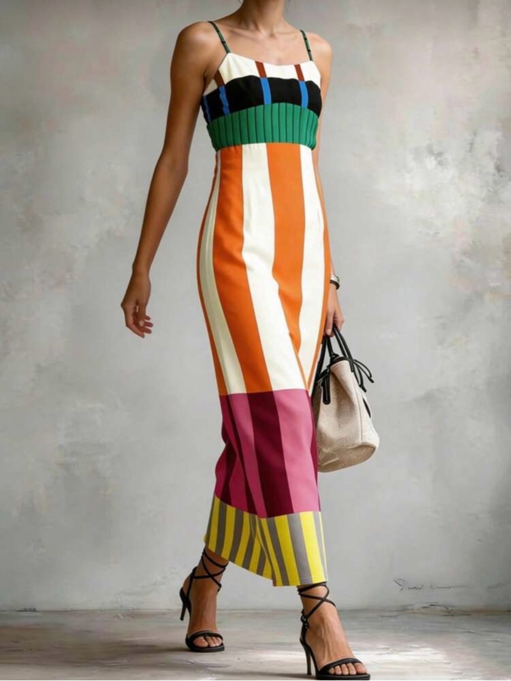 Colorblock Maxi Skirt Dress with Strappy Bodice